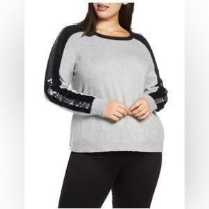 1. State Sequin Stripe Trim Sweater in Gray & Black Size: 3X